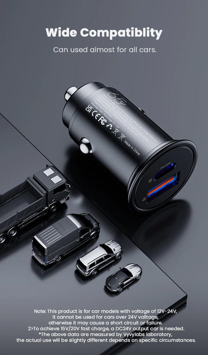 Vyvylabs 65W Car Charger Zinc Alloy Mini USB-A Type-C Fast Charging Adapter DC12V-24V Car Max 65W for iPhone 17 Samsung Huawei