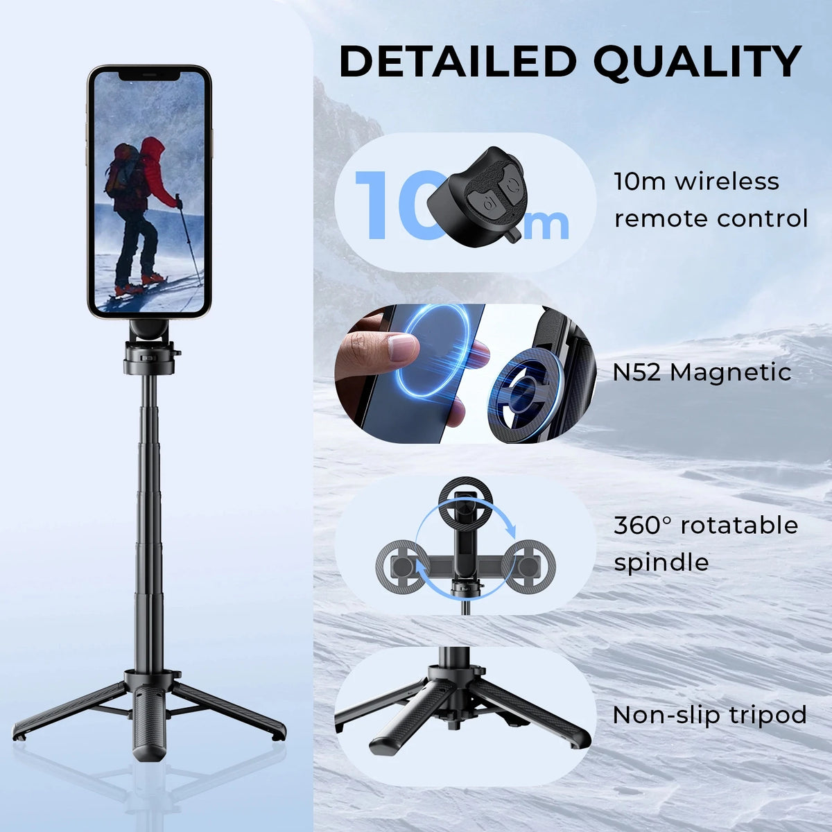 Upgraded Magnetic Phone Holder Pocket Selfie Stick 360° Rotation with Zoom Wireless Bluetooth Control for Smartphone Shooting