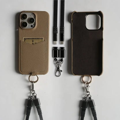 Multifunctional Charging Cable Lanyard Genuine Leather Case for IPhone 18 Pro Max 17Pro 16 15 14 13Pro Crossbody Strap Card Slot
