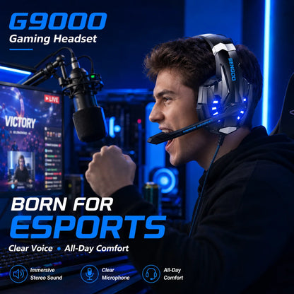 G9000 Wired Gaming Headset with Mic, Blue LED Stereo Over-Ear Headphones for PC PS4 PS5 Xbox Switch Laptop Mobile