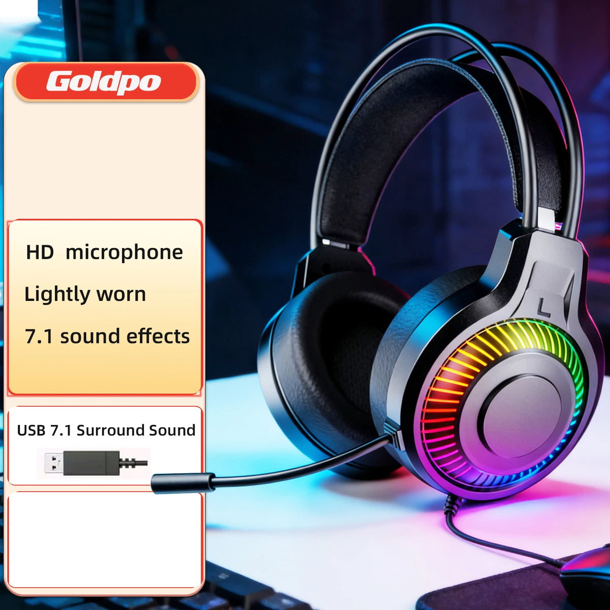 Goldpo G20 Gaming Headphones For PC/PS4/PS5 7.1 Surround RGB Gaming Headset Gamer USB Wired Headphones with Noise Cancelling Mic