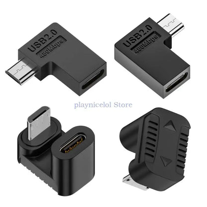 90 Degree Right Up Down Angled Micro USB Male to Type C Female Extension Adapter for Laptop PC Chargers Converter