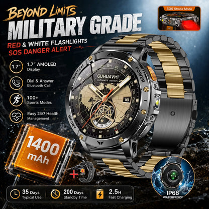 Ultra Large 1400mAh Battery Sport Smartwatch 1.7” Heart Rate Tactical Strong Flashlight 5ATM Waterproof Call Smart Watch For Men