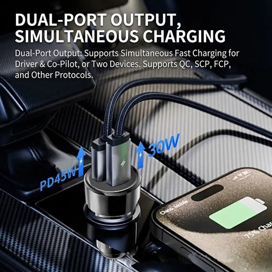 Dual Port 75W Vehicle Charger PD 45W QC 30W Fast Charging Auto Adapter Intelligent Chip Multiple Protections For Cars For iPhone