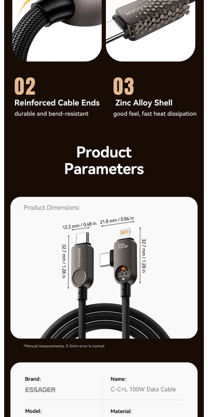 Essager 2-in-1 USB Type C to Lightning Cable 100W PD Fast Charging Wire for iPhone 17/16/15/14 MacBook iPad Xiaomi - Type C to L