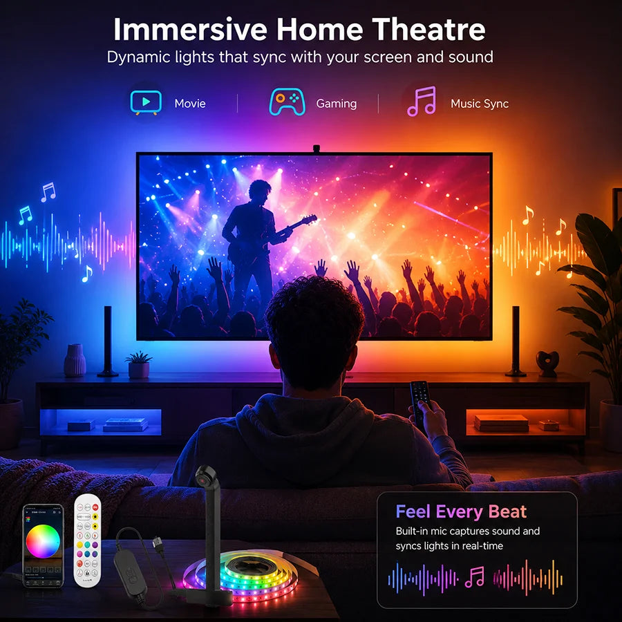 TV Sync LED Backlight with Mnini Camera, RGBIC Strip Light, Bluetooth APP & Remote Control, Music Sync, 3.8M/5M USB Lamp Tape