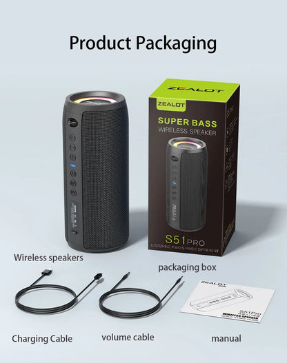 ZEALOT S51 Pro 40W Wireless Speakers, Outdoor Portable Subwoofer Speaker, 5200mAh Battery, 24 Hours Playtime Loud Stereo.