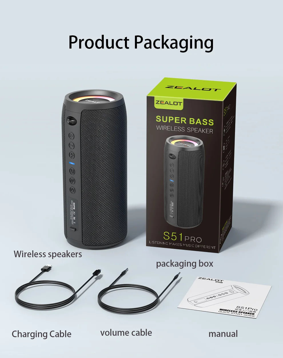 ZEALOT S51 Pro 40W Wireless Speakers, Outdoor Portable Subwoofer Speaker, 5200mAh Battery, 24 Hours Playtime Loud Stereo.