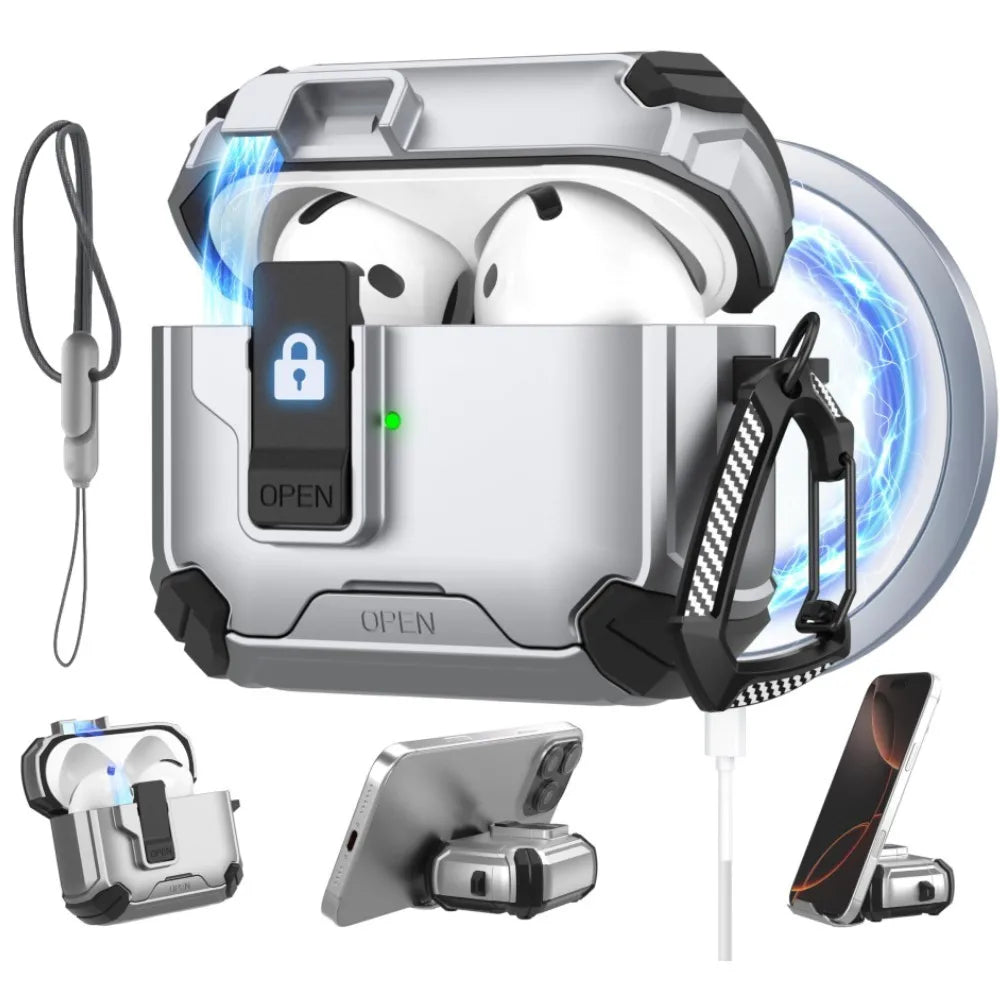 for AirPods 4/for AirPods Pro 3 Case Automatic Lock with MagSafe Phone Bracket Protective Case with Lanyard For AirPods Pro2/Pro