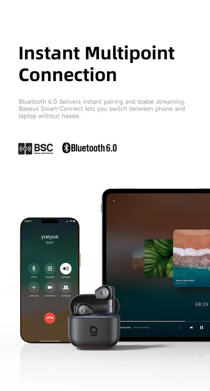 Baseus Bass BS2 Lite True Wireless Earbuds Bluetooth 6.0 Semi-in-Ear Earphones 2-Mic AI ENC 40H Playtime IP55 SuperBass Ear buds