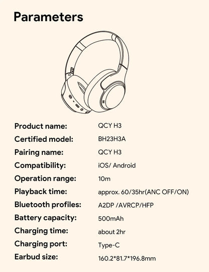 QCY H3 ANC Hi-Res Audio Wireless Bluetooth 5.4 Headphones Over Ear Headset 60Hrs 43dB Hybrid Active Noise Cancellation Earphone