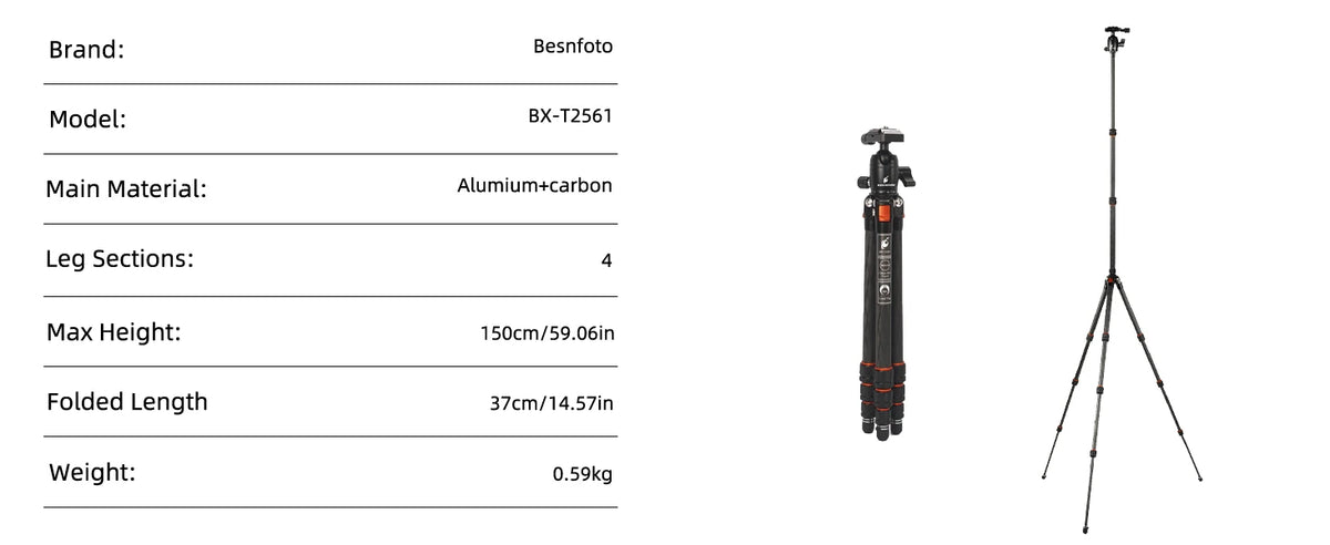 BESnfoto BX-T2561 Carbon Fiber Camera Tripod, Ball Head with Phone Holder & Carry Bag, Professional Travel Photo Tripod