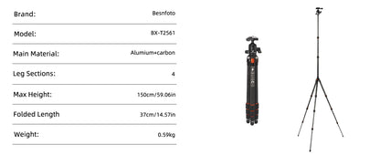 BESnfoto BX-T2561 Carbon Fiber Camera Tripod, Ball Head with Phone Holder & Carry Bag, Professional Travel Photo Tripod