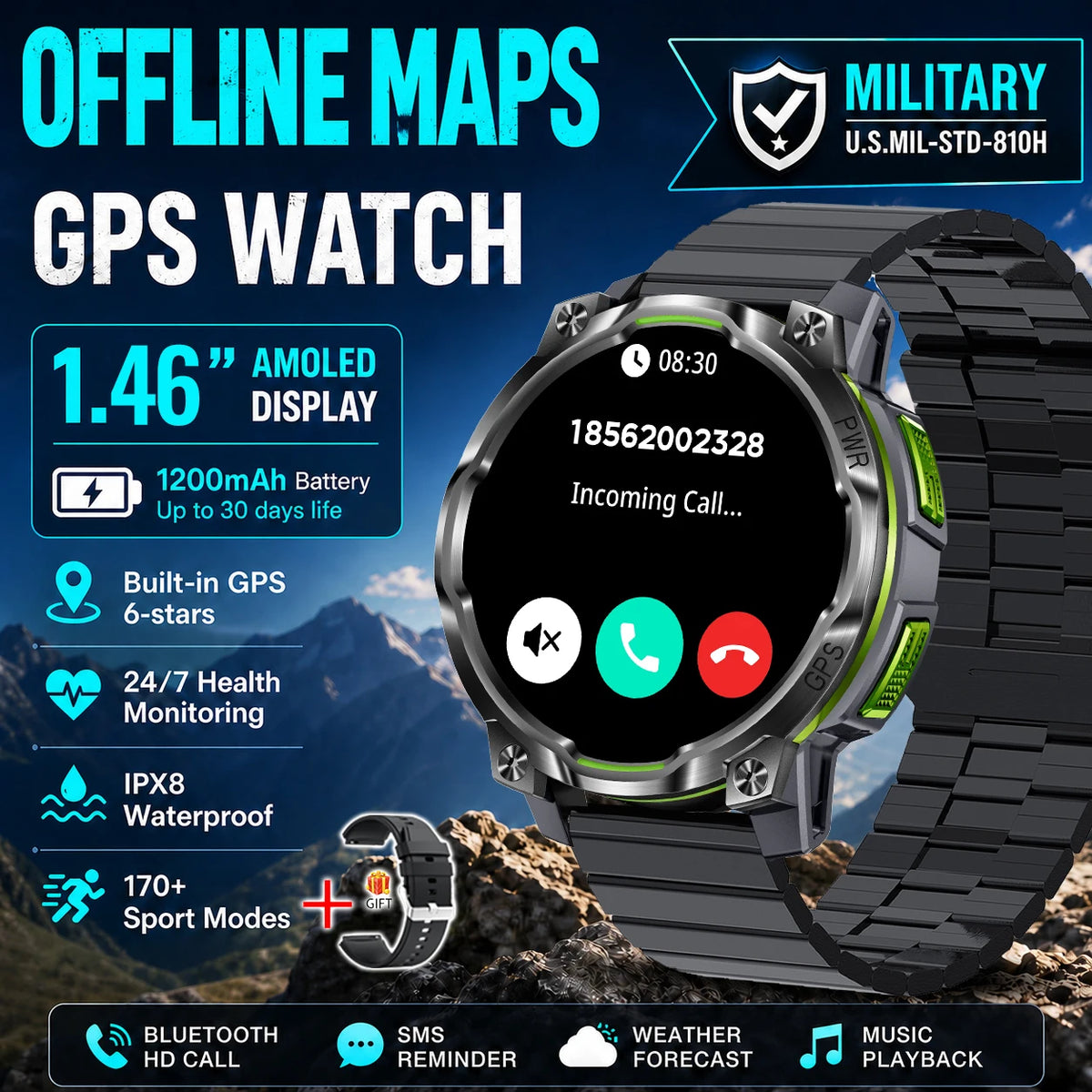Men Outdoor GPS Smartwatch Offline Map 107 Sport Modes 1200mAh Battery BT Call Heart Rate BP SpO2 Fitness Sports Wrist Watch