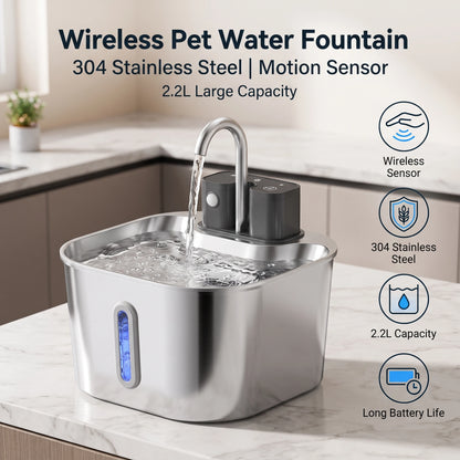 2L Wireless Smart Pet Fountain Stainless Steel Cat Dog Water Dispenser Motion Sensor Rechargeable Auto Drink Bowl( No 5V 1A Plug