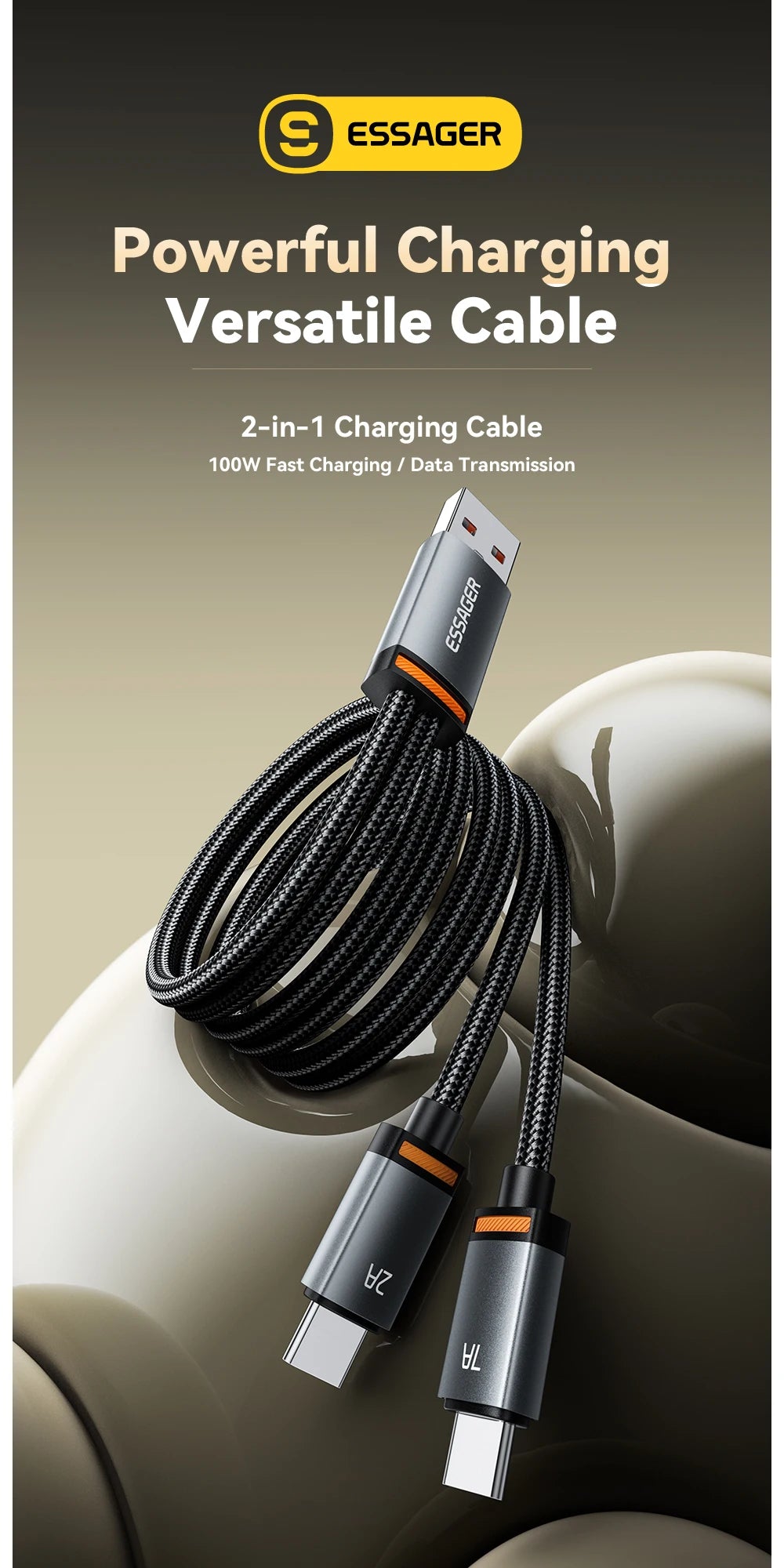 Essager 2 in 1 USB Cable 7A Charger Cable for iPhone 15 16 USB A To Type C to Lighting Cable for Macbook Samsung Xiaomi Huawei