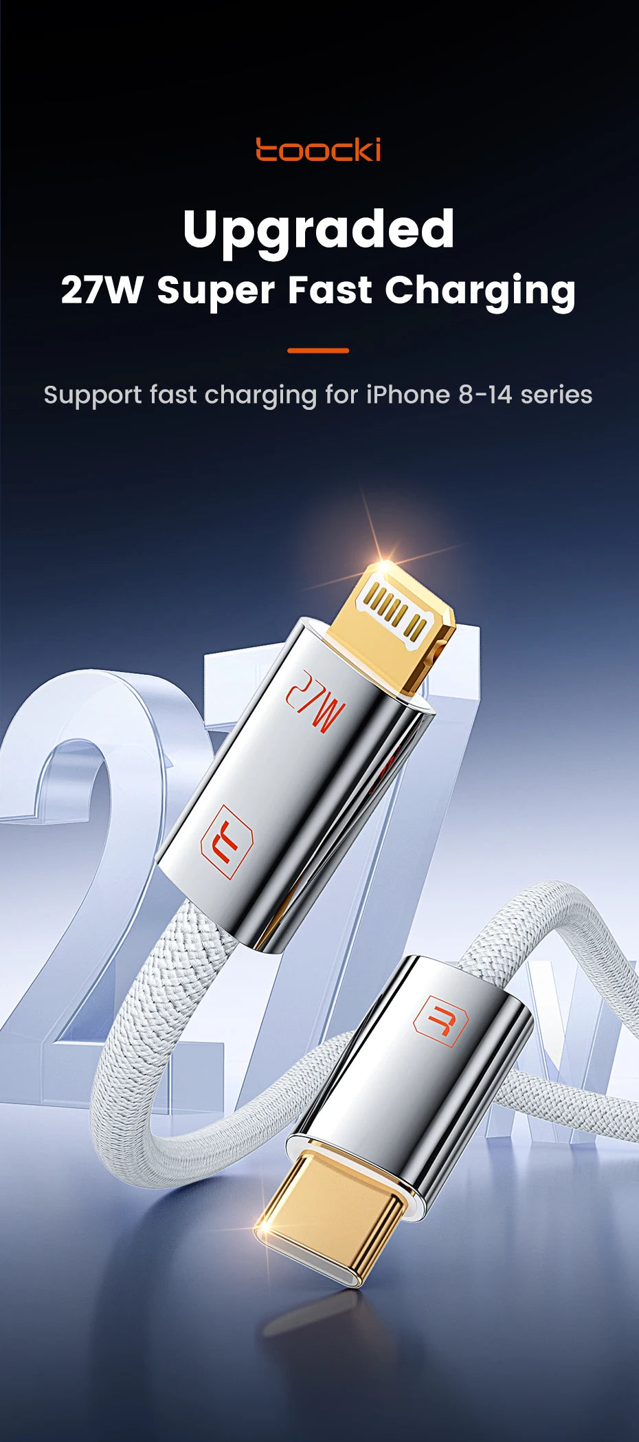 Toocki 27W USB C to Lightning Fast Charging Cable for iPhone 14 13 12 Pro Max Xs 2.4A USB A to iP Zinc Alloy Data Cable for iPad