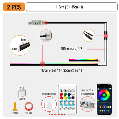110cm  APP Control Car Ambient Lights LED Interior RGB Symphony Atmosphere Light  Acrylic Strips Dashboard Decoration Sunroof