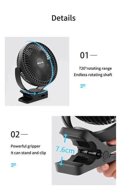 OPOLAR Rechargeable 8inch Clip Fan Strong Silent Wind Mini USB Fan Sturdy Clamp for Baby Stroller Camping Home Outdoor 10,000mAh
