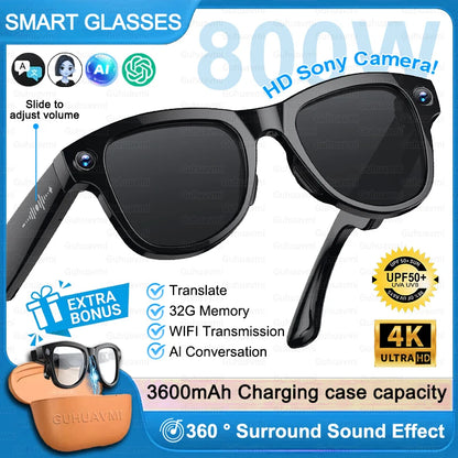 Next-Gen AI Smart Glasses 4K HD Video Recording 120+ Languages Translation 3600mAh Charging Case Bluetooth Call Music Sunglasses