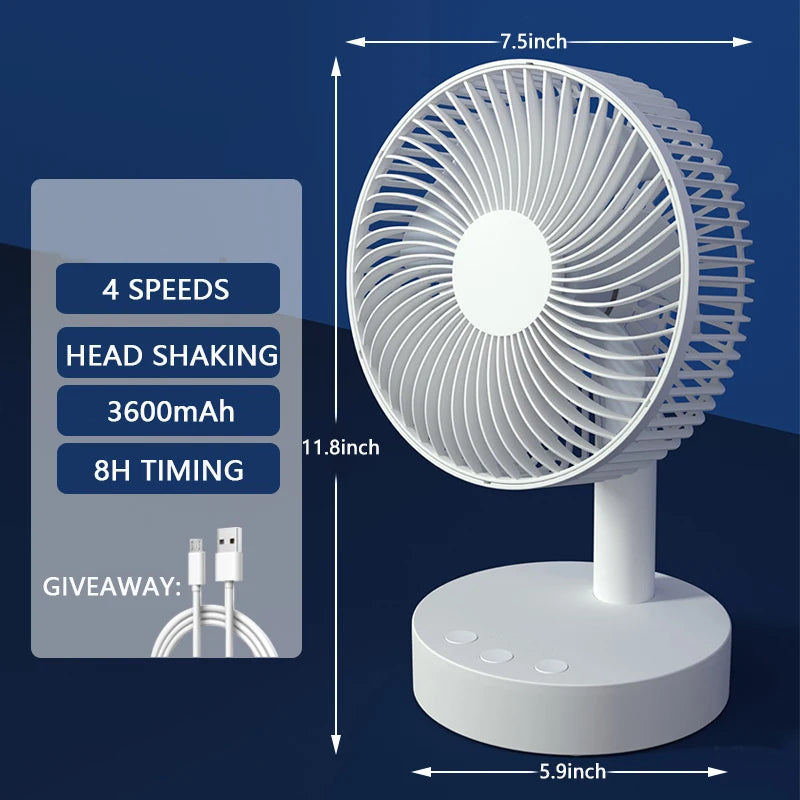 3600mAh USB Desk Fan 4 Speed Adjustable Desktop Table Fan with Strong Wind Quiet Portable Kipas USB Oscillating Fan