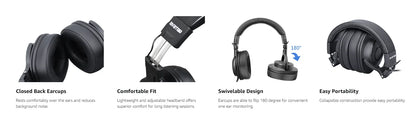 DMH10 Over-Ear Studio Monitor Headphones, Electric Drum Stereo Headphone for Drummers, with Deep Bass, Noise Isolation, 3m Cable