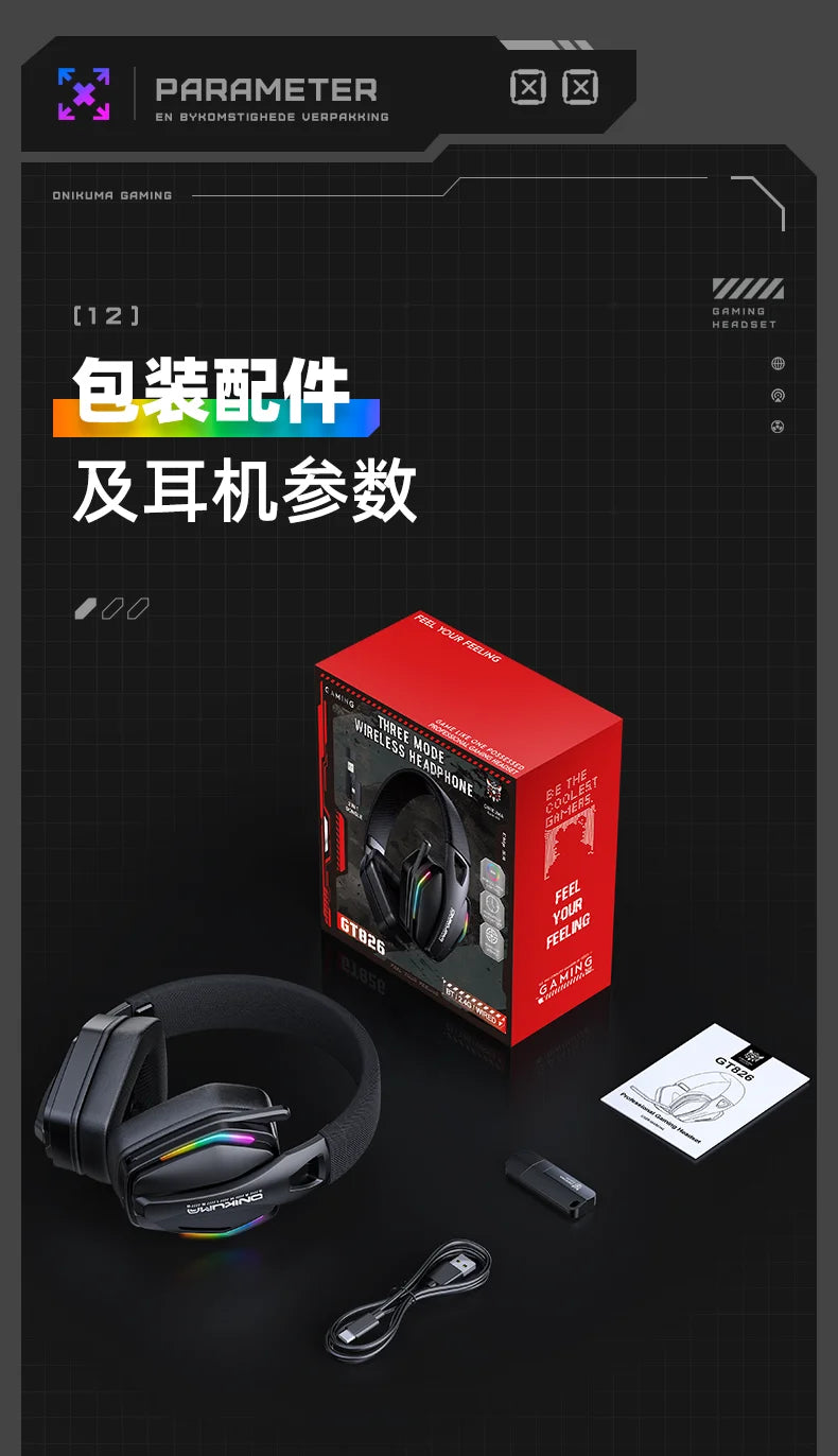 ONIKUMA GT826 Wireless Headset Gaming Headphone Tri Mode Connection Bluetooth USB C 2.4G Low Latency RGB Stereo Sound For PS5 PC