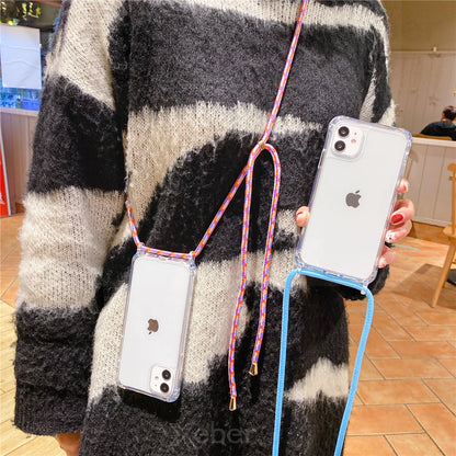 Crossbody Necklace Cord Lanyard Transparent Phone Case For iPhone 16 15 13 Pro Max 12 11 7 8 Plus X XR XS Strap Hang Rope Cover