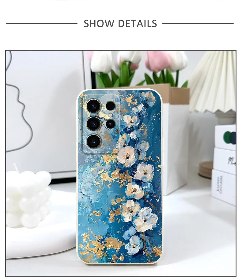 Gold Leaf Flower Phone Case For Samsung Galaxy S25 FE S24 S23 S22 S21 S20 S10 S10E Ultra Plus FE Note 20 Ultra Plus Cover
