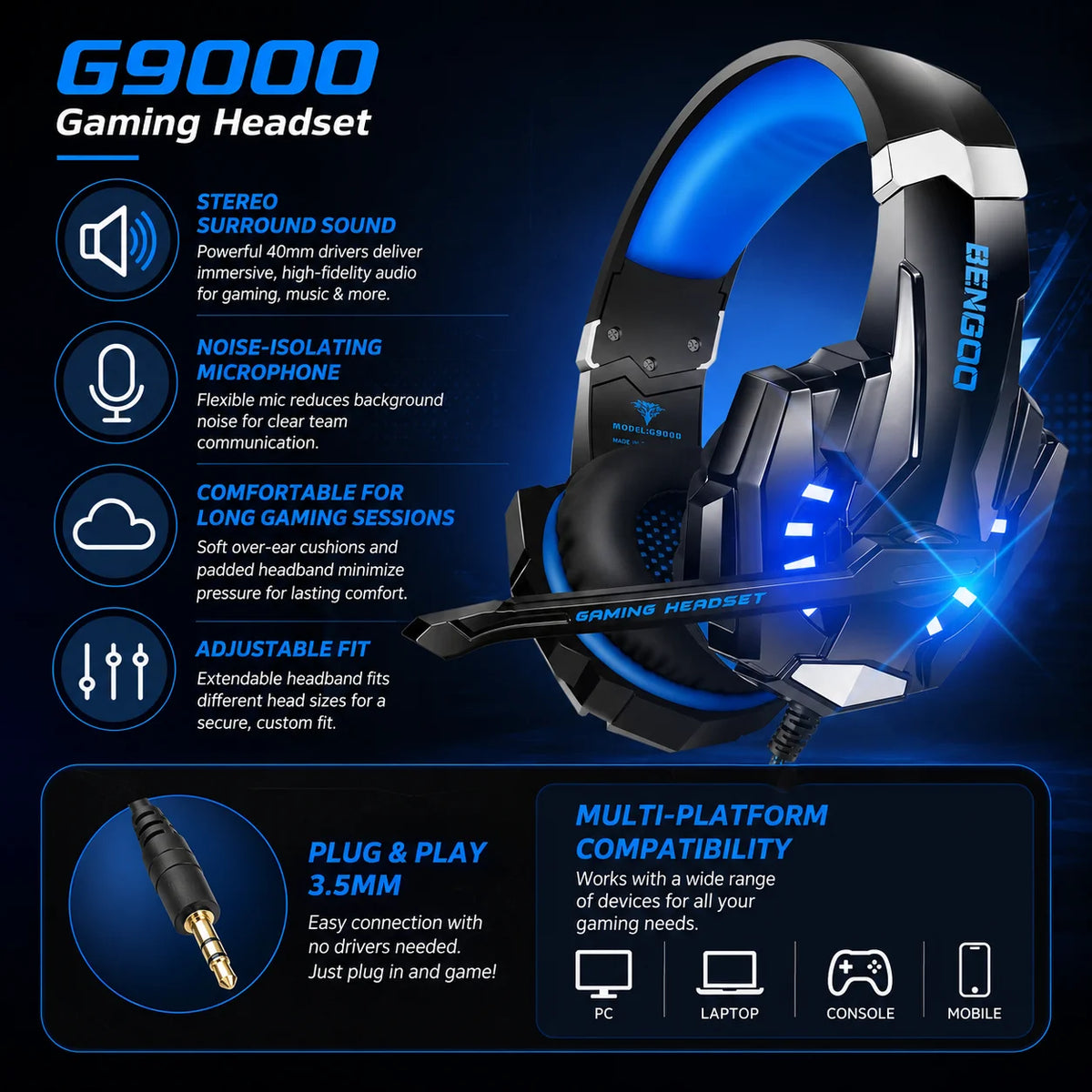 G9000 Wired Gaming Headset with Mic, Blue LED Stereo Over-Ear Headphones for PC PS4 PS5 Xbox Switch Laptop Mobile