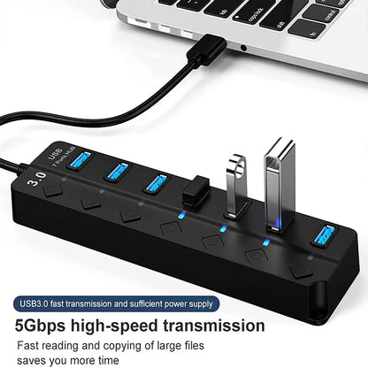 USB Hub 3.0 Multiprise USB High Speed Splitter 7 Port 5Gbps Hub Power Adapter with Switch Long Cable with Multiple Expander Hub