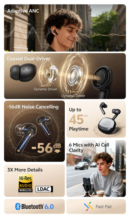 QCY MeloBuds N60 HT19 Wireless Bluetooth 6.0 Earphones 56dB Hybrid ANC LDAC Hi-Res Audio with Coaxial Dual Driver Earbuds 45Hrs