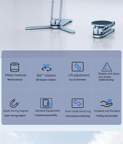 2-in-1 Alloy Magnetic Phone Stand, Foldable 360 Rotation, Handheld & Desktop Dual Use, Universal Compatible with Phone & Tablet