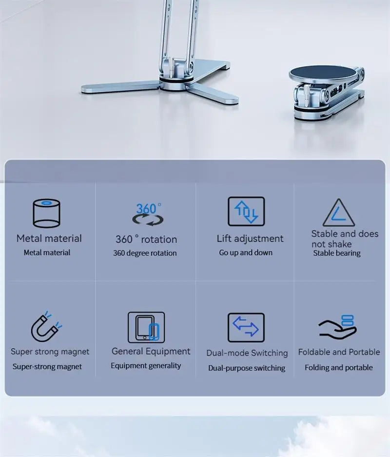 2-in-1 Alloy Magnetic Phone Stand, Foldable 360 Rotation, Handheld & Desktop Dual Use, Universal Compatible with Phone & Tablet