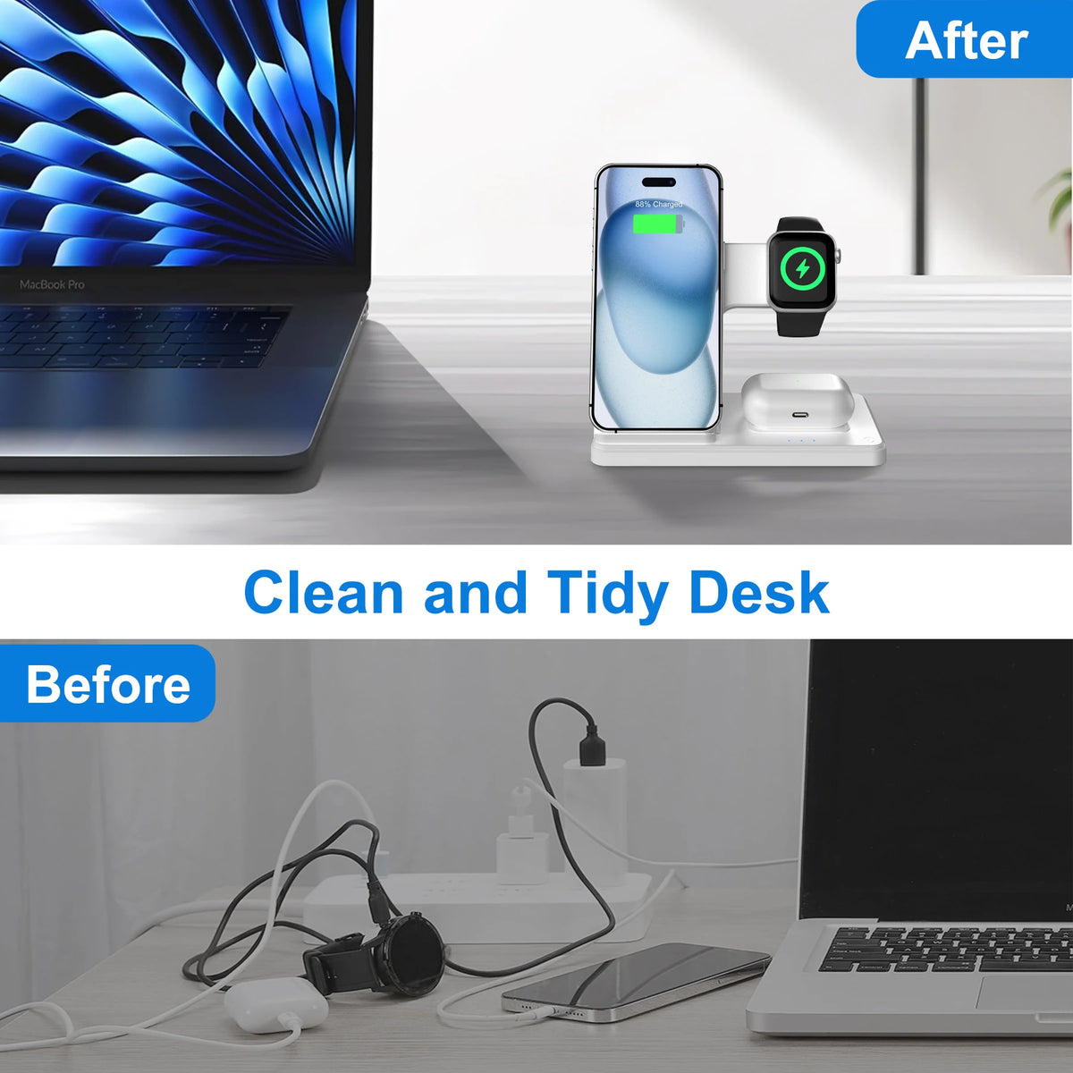 3 In 1 Magnetic Wireless Charger Stand 15W Fast Charging Dock Station Multiple Devices for iPhone 15 14 13 8 Apple Watch Airpods