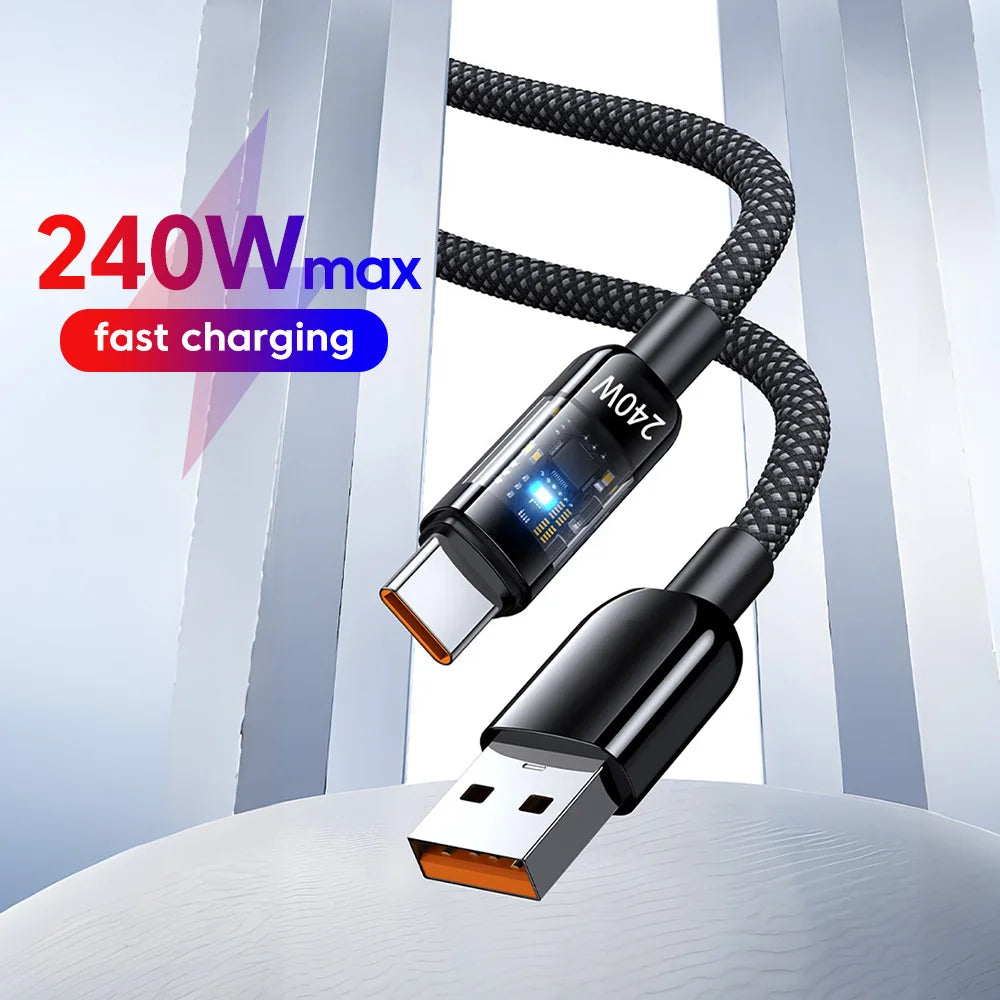 USB C Quick Charging Cable 240W  Braided Transparent Type C High-speed Charger Wire for 16/17 for Samsung Huawei Mi Data Line