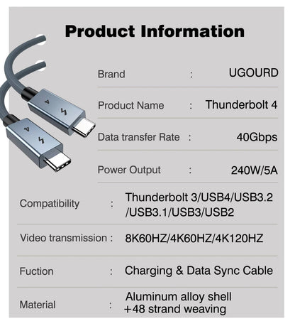 40Gbps Thunderbolt4 Type C 240W USB4 Fast Charging Cable 0.2m - 2m 3m Thunderbolt 3 USB C Data Transfer Cable 8K for MacBook Doc
