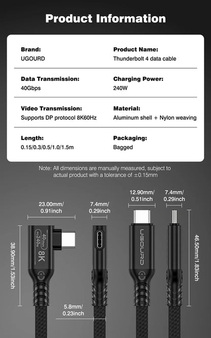 UGOURD Thunderbolt 4 Elbow USB4 Cable 40Gbps PD240W 8K@60Hz Type C to C 90 Degree Side Vertical Bend Braided Cable for SSD EGPU