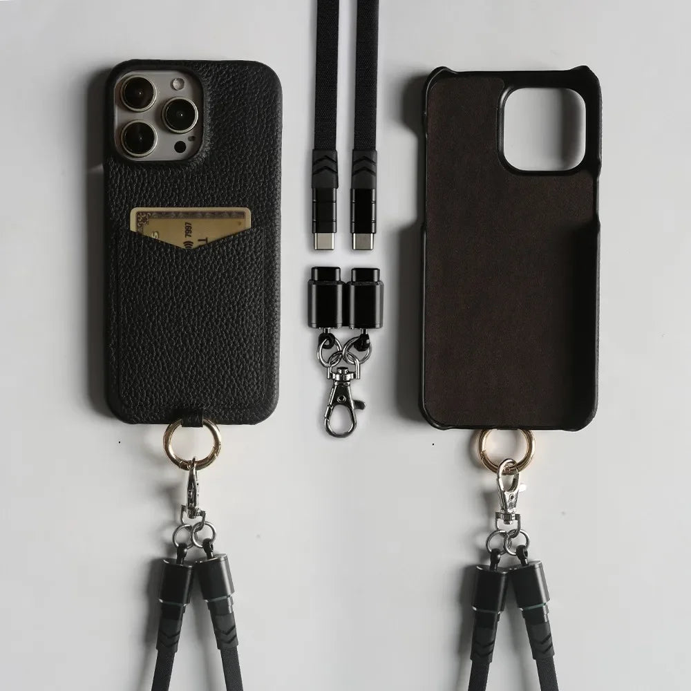 Multifunctional Charging Cable Lanyard Genuine Leather Case for IPhone 18 Pro Max 17Pro 16 15 14 13Pro Crossbody Strap Card Slot