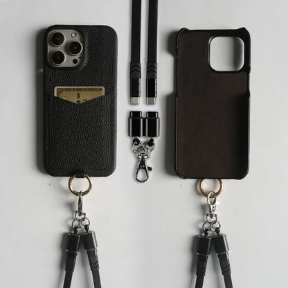 Multifunctional Charging Cable Lanyard Genuine Leather Case for IPhone 18 Pro Max 17Pro 16 15 14 13Pro Crossbody Strap Card Slot