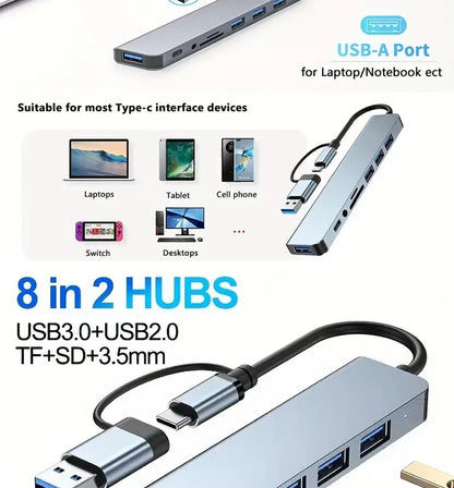 8 In 1 USB Type-C  HUB with Splitter Card Reader USB 3.0 2.0 SD/TF Splitter Card Reader Docking Station for HUAWEI Xiaomi PC