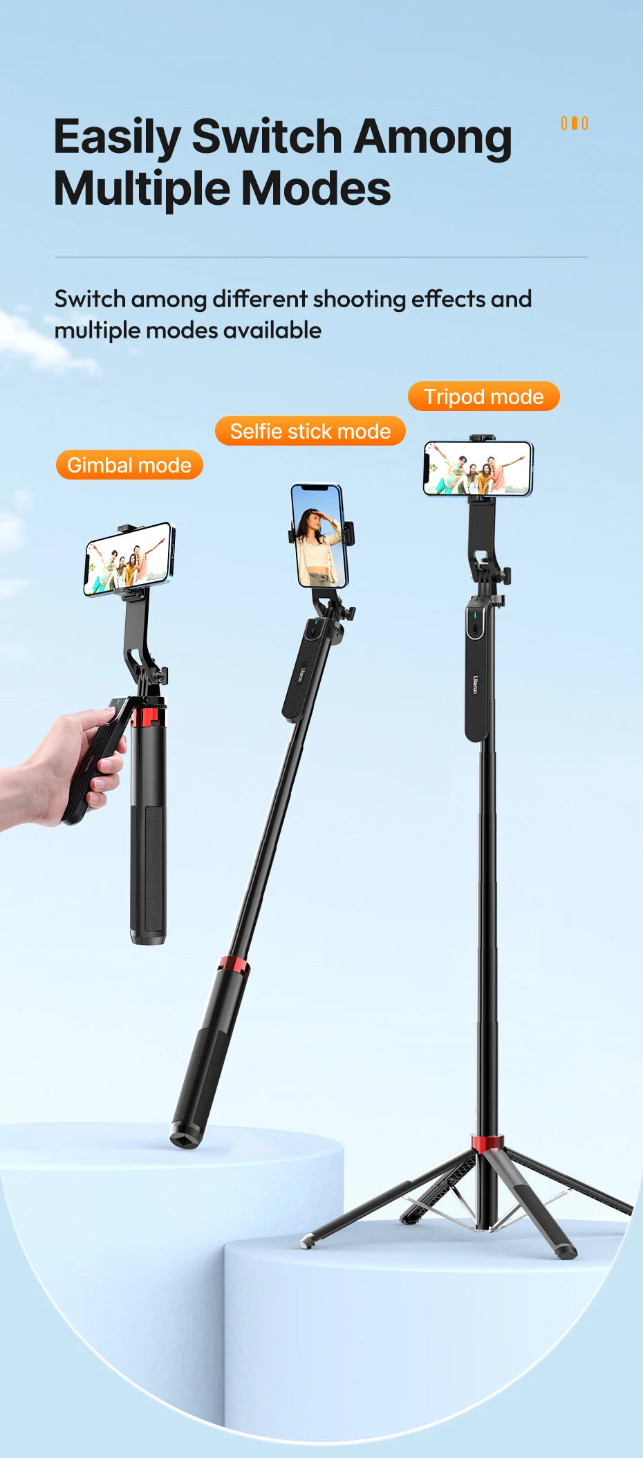 Ulanzi MA09 1.74m Selfie Stick Tripod for iPhone 17 15 Android Phone w Remote Control Panoramic Ball Head Holder U200 VL49 Kit
