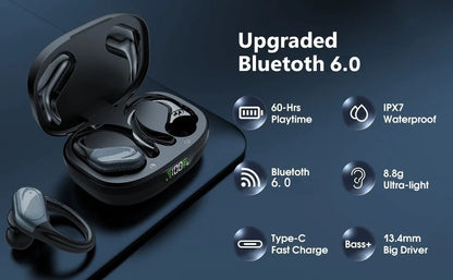 TWS Bluetooth 6.0 Earhook Earphone Sports Headsets Led Headphone Wireless Earbuds Noise Reduction Microphone 60H HiFi Music Time