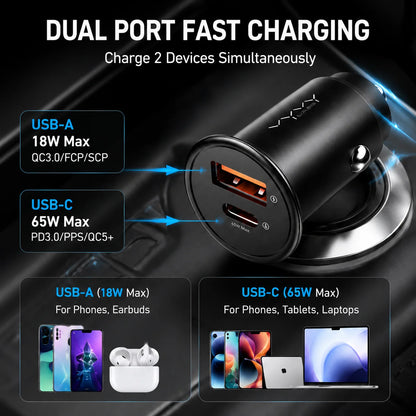 Vyvylabs 65W Car Charger Zinc Alloy Mini USB-A Type-C Fast Charging Adapter DC12V-24V Car Max 65W for iPhone 17 Samsung Huawei