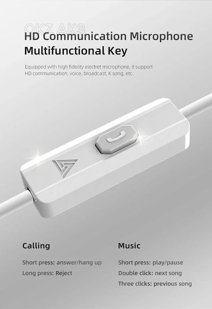 QKZ AK3 FiLe Wired Earphone with Microphone HiFi Music Monitor Bass Headphones Noise Cancelling Headset For Sport Gaming Earbuds