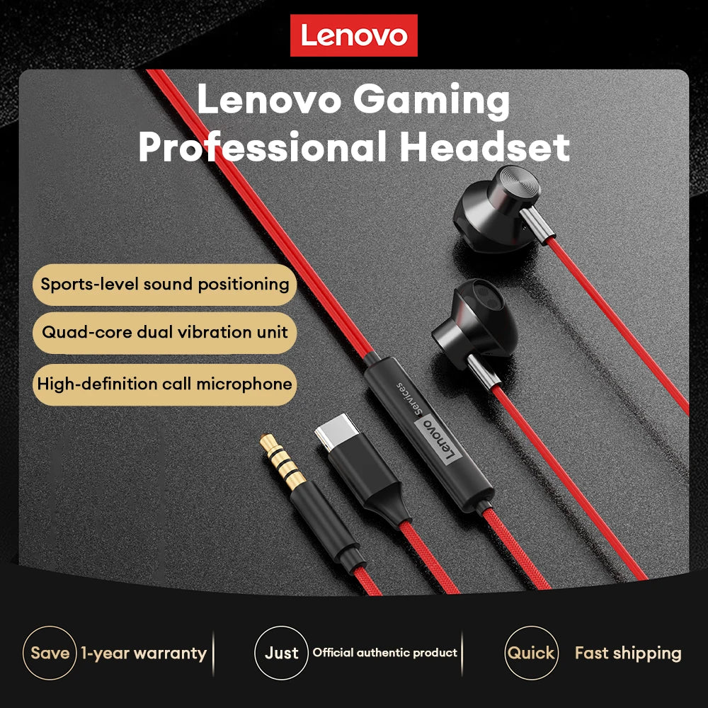 NEW Lenovo Y108 Wired Earphones Semi-In-Ear E-Sports Headphones 3.5mm Type-C Noise Reduction Stereo Music Earbuds 1.25M with Mic
