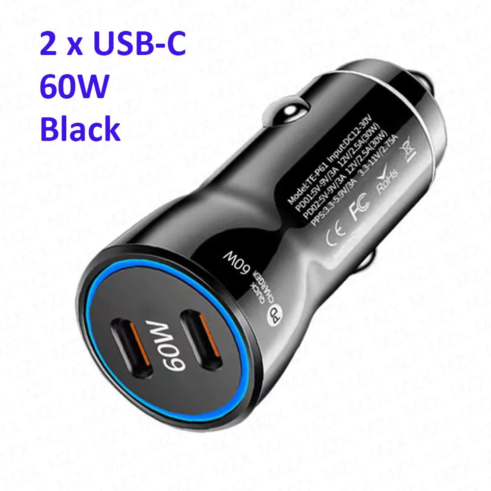 MZX 60W 48W 30W Duar Car Charger PD USB A Type C Smart Quick Charge 12V 24V Cigar Lighter Ultra QC 3.0 Charging for Cell Phone