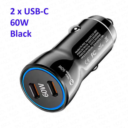 MZX 60W 48W 30W Duar Car Charger PD USB A Type C Smart Quick Charge 12V 24V Cigar Lighter Ultra QC 3.0 Charging for Cell Phone