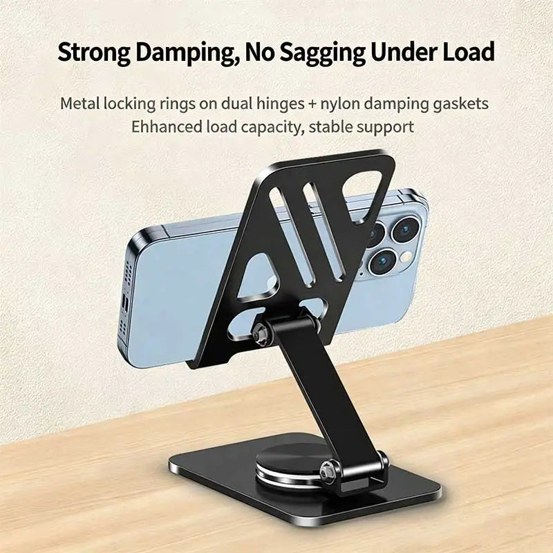 Mobile Phone Stand - Metal Desk Stand - 360° Rotating and Folding Desktop Stand for Easy Storage of Mobile Phones and Tablets