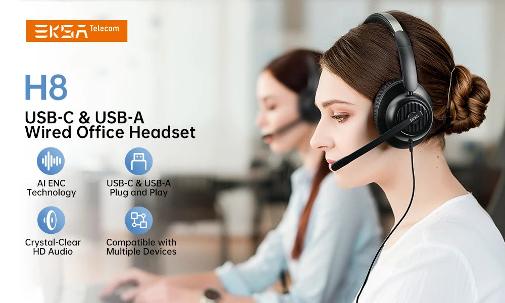 EKSA H8 Office Headset Wired Headphones with Mic USB Type C 3.5mm ENC Noise Cancelling PC Phone Teams Mute Button 40mm Over-Ear
